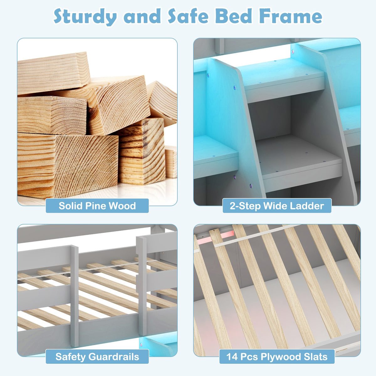 Twin Size Loft Bed with LED Lights with Staircase and Safety Guardrail-Grey view 7
