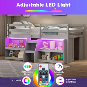 Twin Size Loft Bed with LED Lights with Staircase and Safety Guardrail-Grey view 8