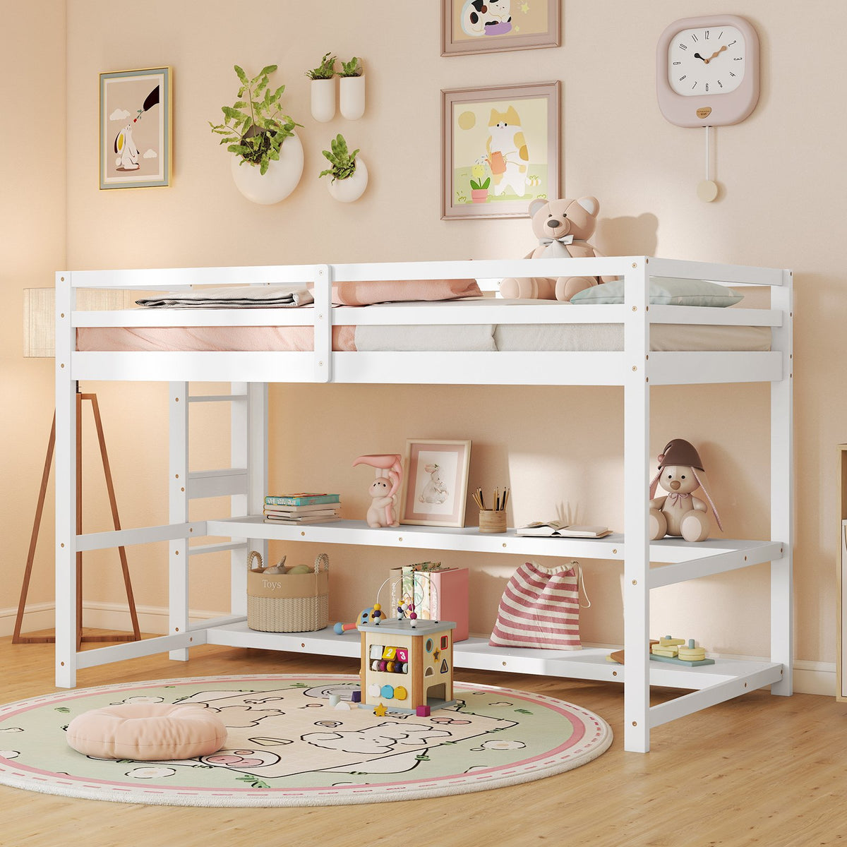 Twin Size Loft Bed with Storage Shelves Full-length Guardrails and Ladder-White view 2