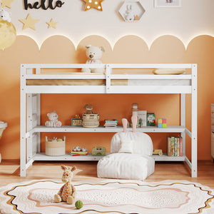 Twin Size Loft Bed with Storage Shelves Full-length Guardrails and Ladder-White view 3