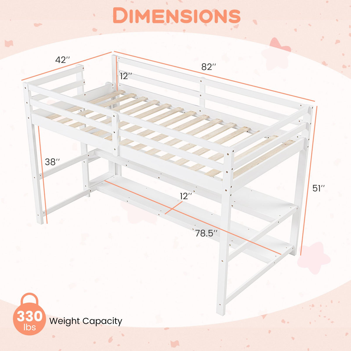 Twin Size Loft Bed with Storage Shelves Full-length Guardrails and Ladder-White view 4