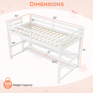 Twin Size Loft Bed with Storage Shelves Full-length Guardrails and Ladder-White view 4