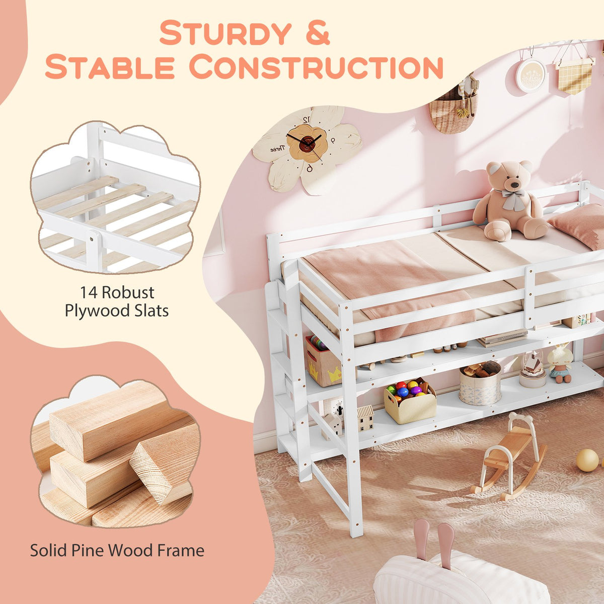 Twin Size Loft Bed with Storage Shelves Full-length Guardrails and Ladder-White view 5