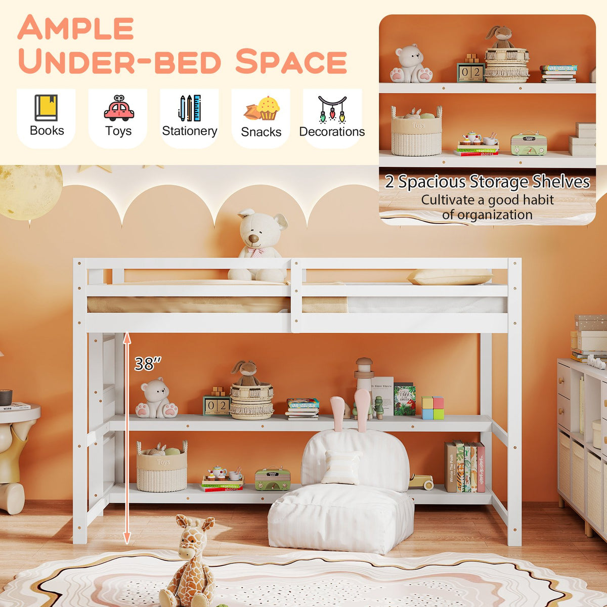 Twin Size Loft Bed with Storage Shelves Full-length Guardrails and Ladder-White view 6