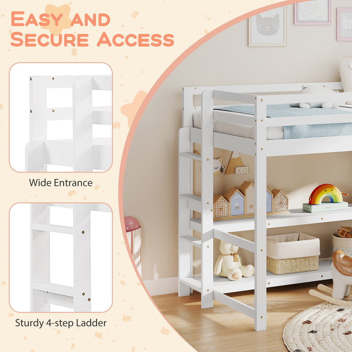 Twin Size Loft Bed with Storage Shelves Full-length Guardrails and Ladder-White view 7