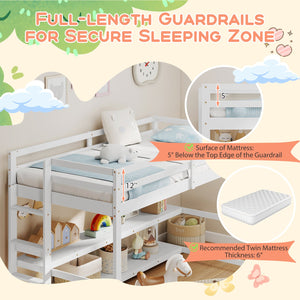 Twin Size Loft Bed with Storage Shelves Full-length Guardrails and Ladder-White view 8