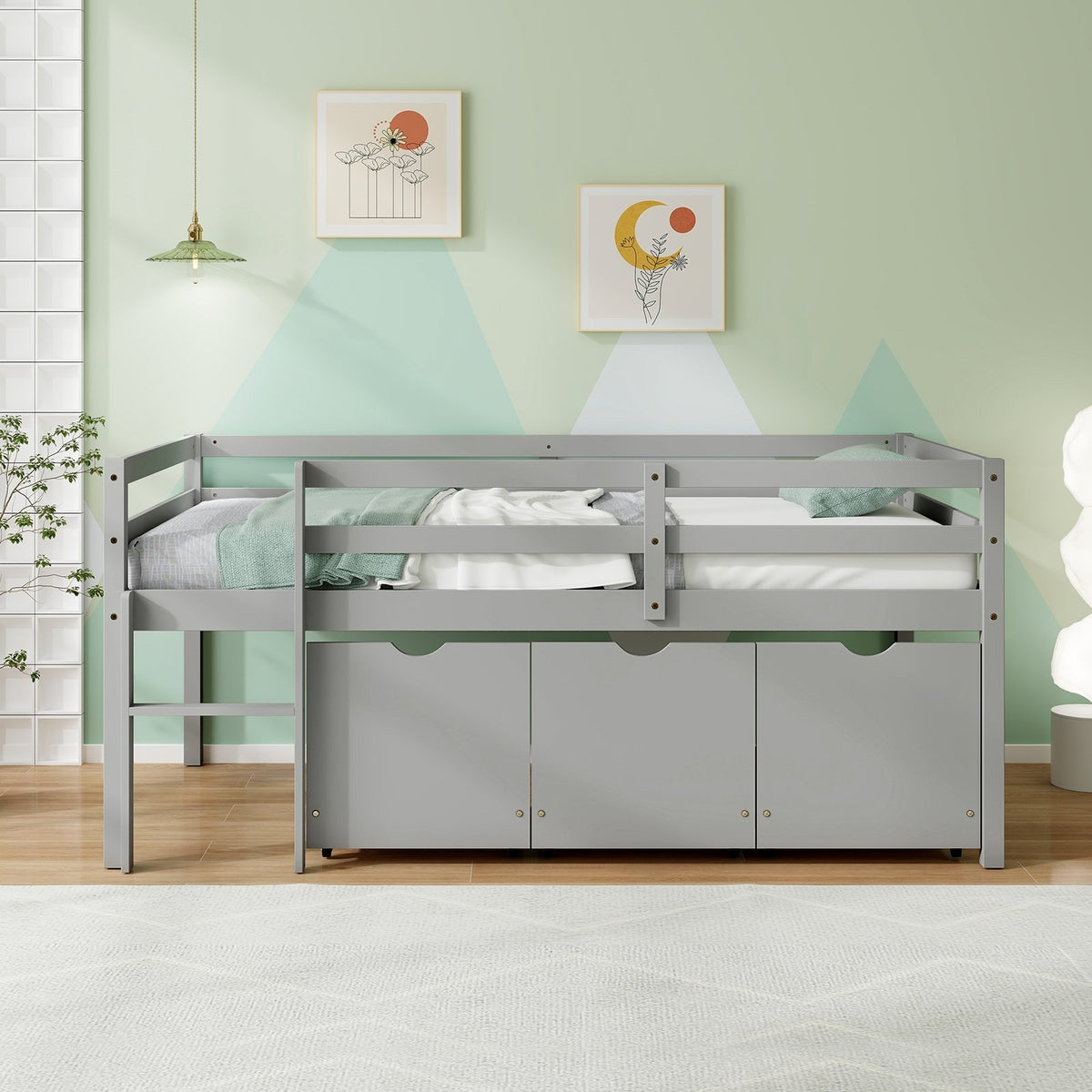 Twin Size Low Loft Bed with 3 Drawers with Ladder and Full-length Guardrails-Gray view 3