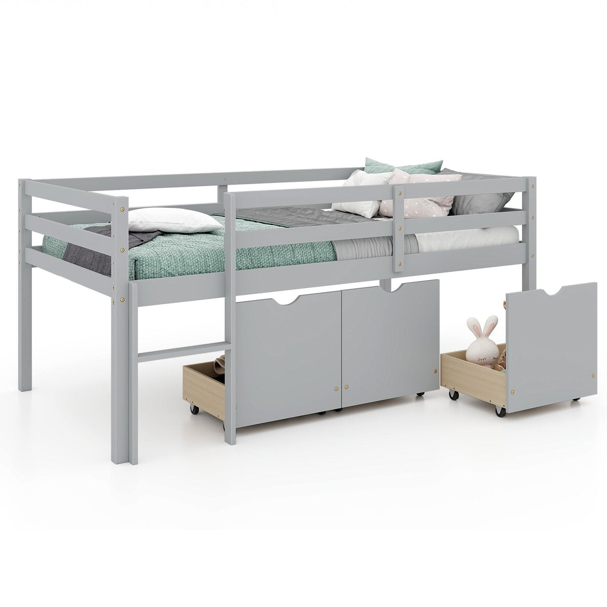 Twin Size Low Loft Bed with 3 Drawers with Ladder and Full-length Guardrails-Gray view 4