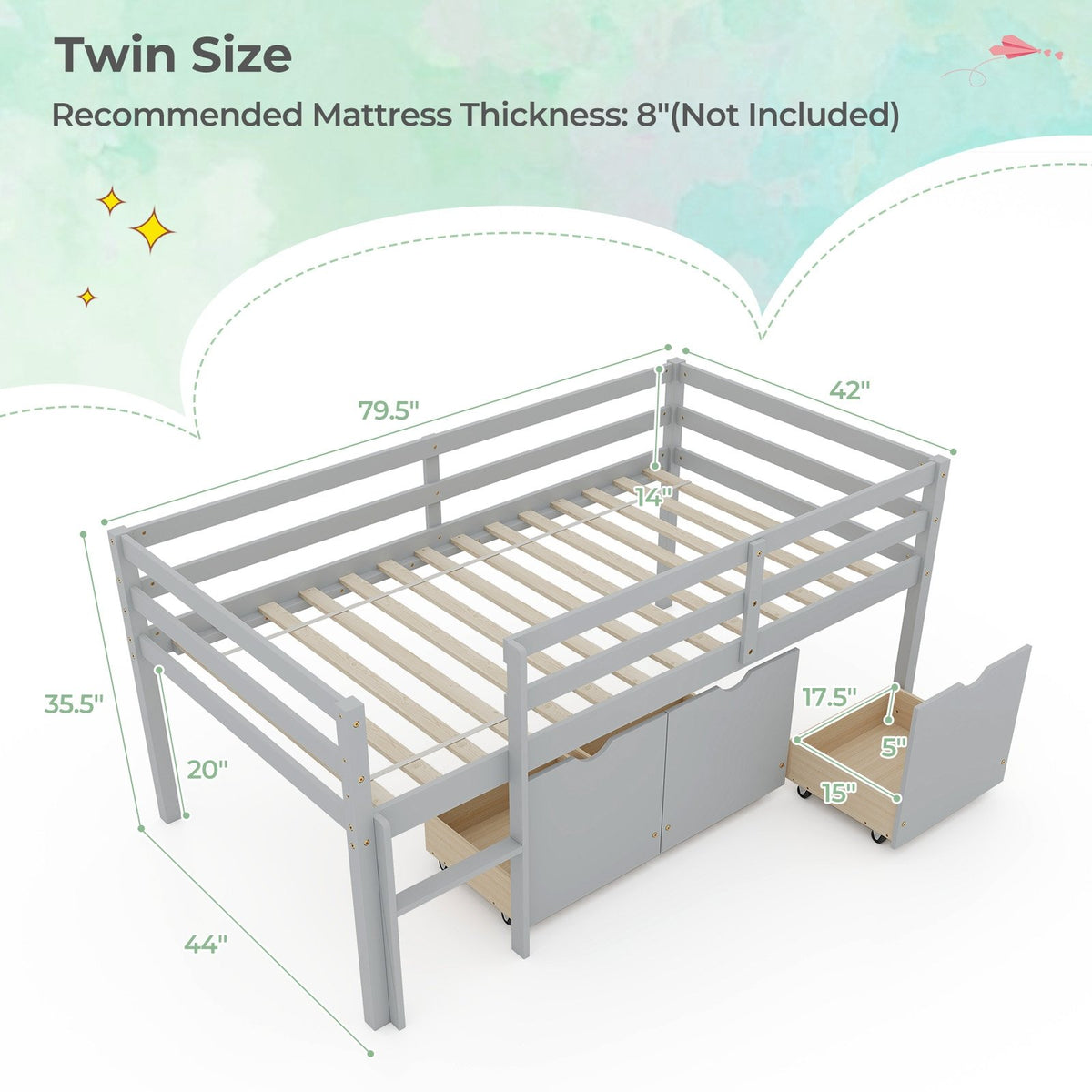 Twin Size Low Loft Bed with 3 Drawers with Ladder and Full-length Guardrails-Gray view 5
