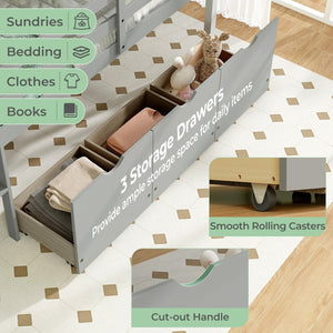 Twin Size Low Loft Bed with 3 Drawers with Ladder and Full-length Guardrails-Gray view 6