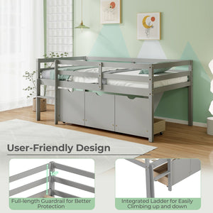 Twin Size Low Loft Bed with 3 Drawers with Ladder and Full-length Guardrails-Gray view 8