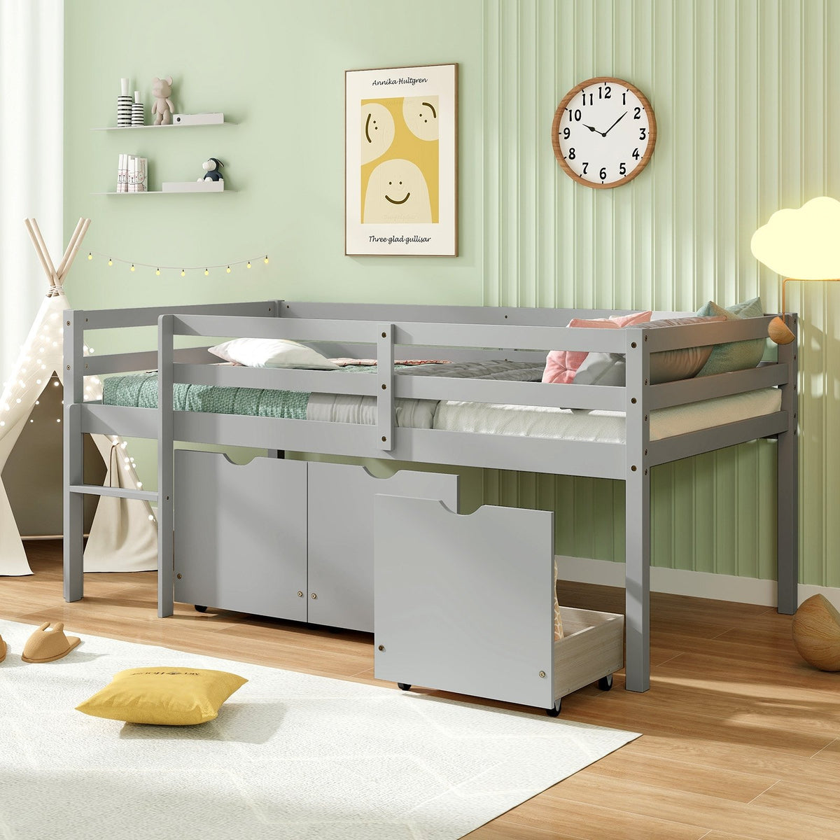 Twin Size Low Loft Bed with 3 Drawers with Ladder and Full-length Guardrails-Gray view 9