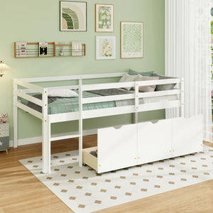 Twin Size Low Loft Bed with 3 Drawers with Ladder and Full-length Guardrails-White view 2