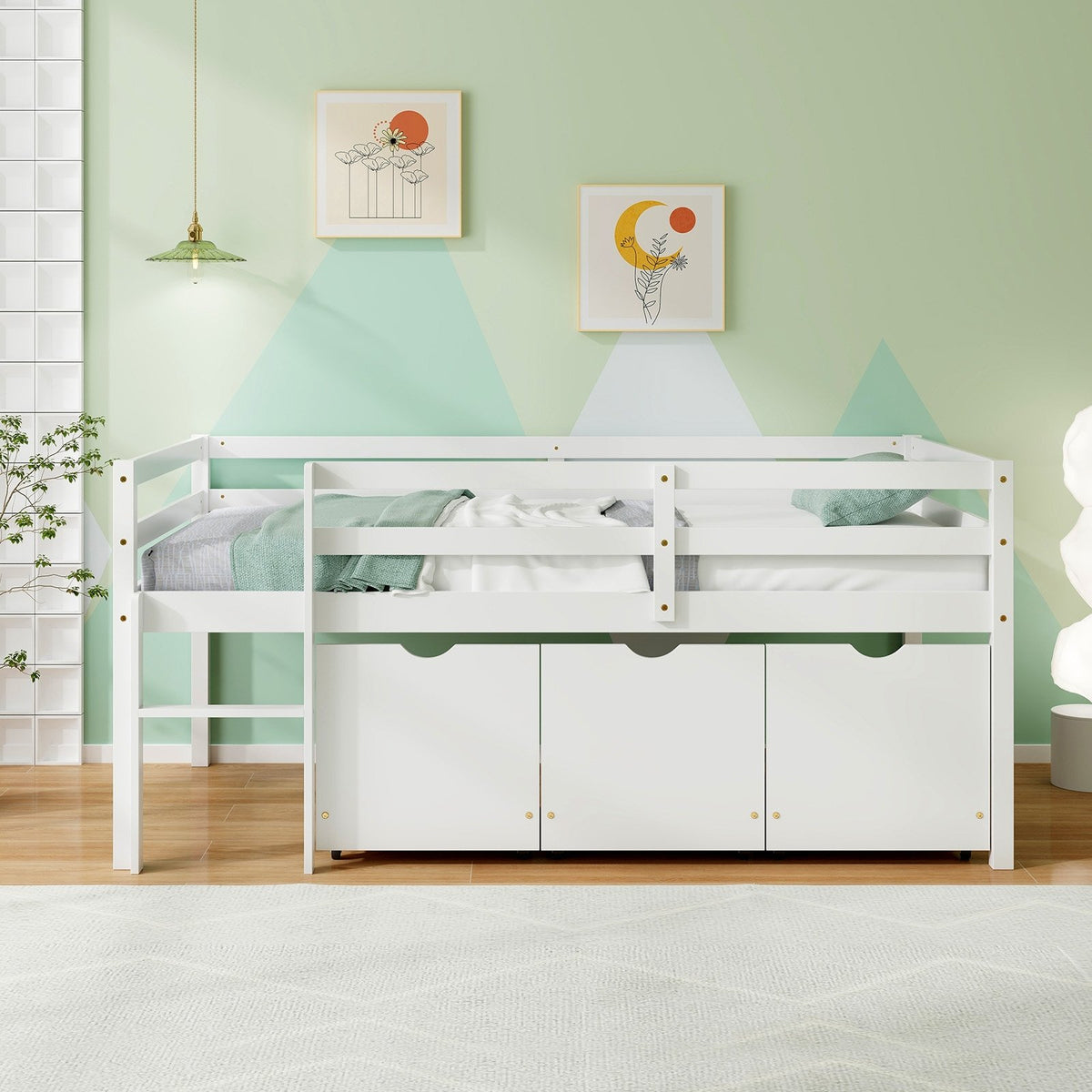 Twin Size Low Loft Bed with 3 Drawers with Ladder and Full-length Guardrails-White view 3