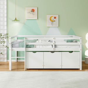 Twin Size Low Loft Bed with 3 Drawers with Ladder and Full-length Guardrails-White view 3