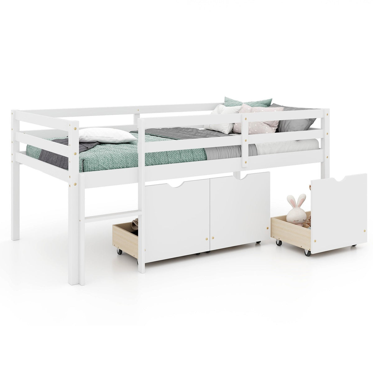 Twin Size Low Loft Bed with 3 Drawers with Ladder and Full-length Guardrails-White view 4