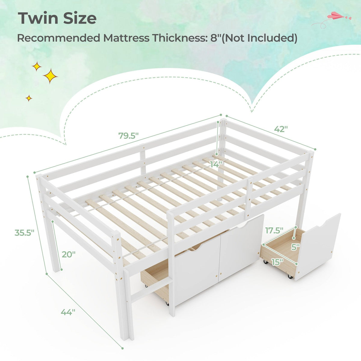 Twin Size Low Loft Bed with 3 Drawers with Ladder and Full-length Guardrails-White view 5