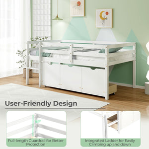 Twin Size Low Loft Bed with 3 Drawers with Ladder and Full-length Guardrails-White view 8