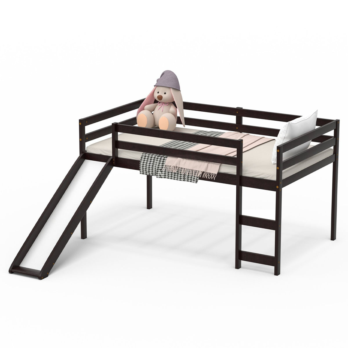 Twin Size Low Sturdy Loft Bed with Slide Wood -Dark Brown
