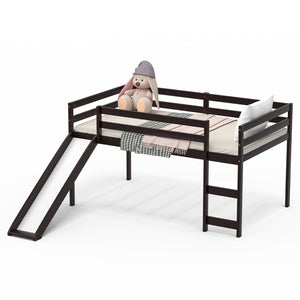 Twin Size Low Sturdy Loft Bed with Slide Wood -Dark Brown
