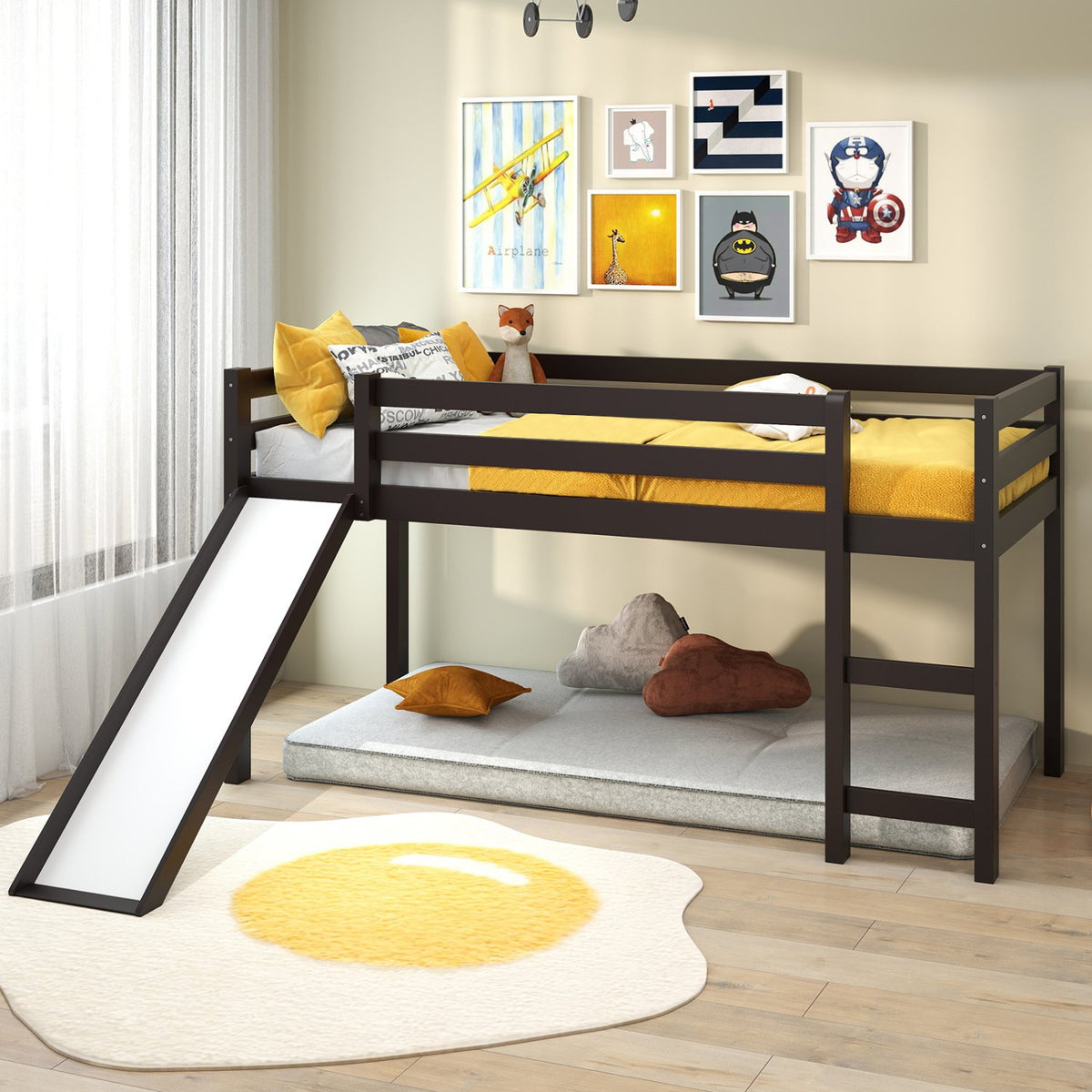 Twin Size Low Sturdy Loft Bed with Slide Wood -Dark Brown view 2