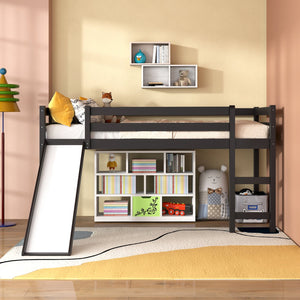 Twin Size Low Sturdy Loft Bed with Slide Wood -Dark Brown view 3
