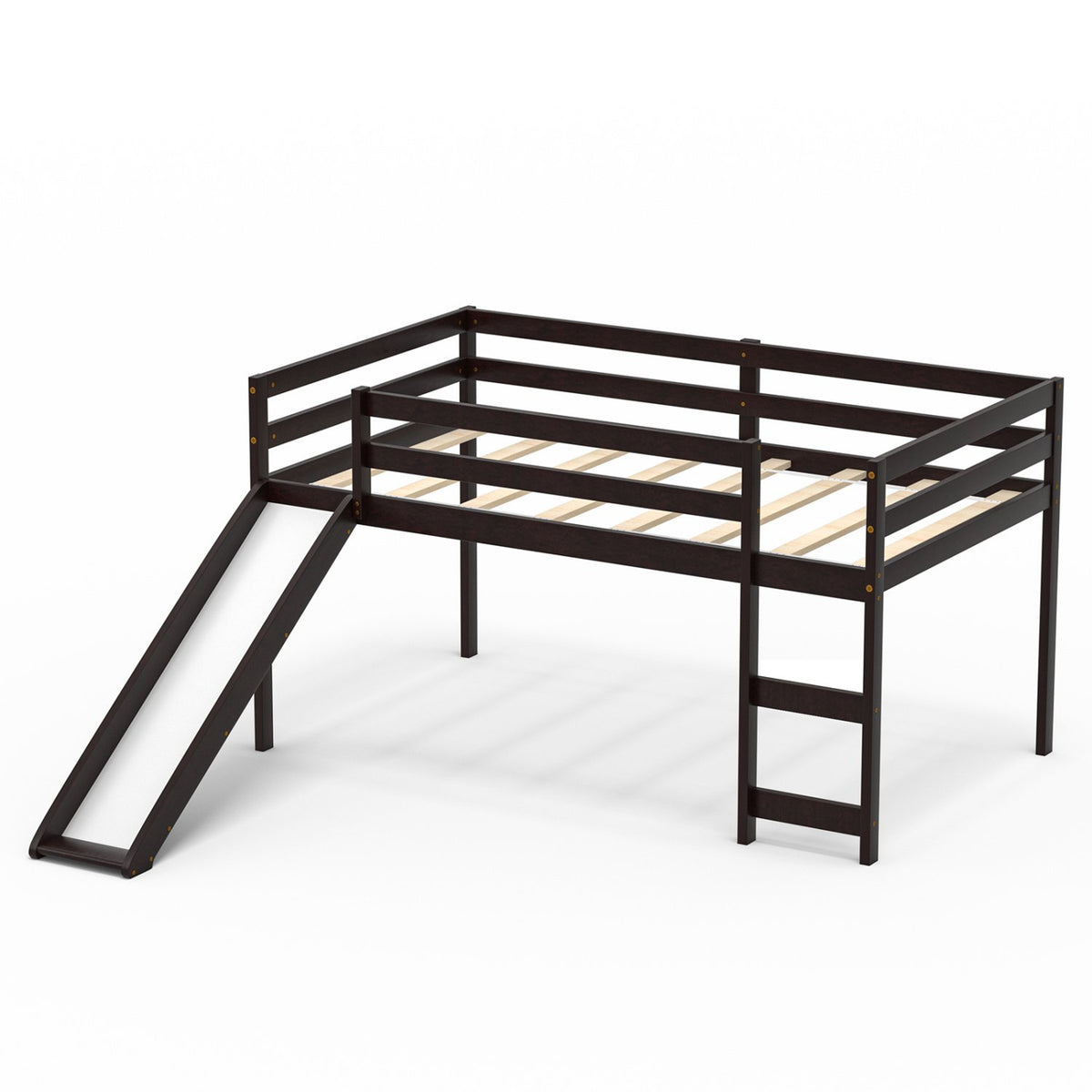 Twin Size Low Sturdy Loft Bed with Slide Wood -Dark Brown view 4