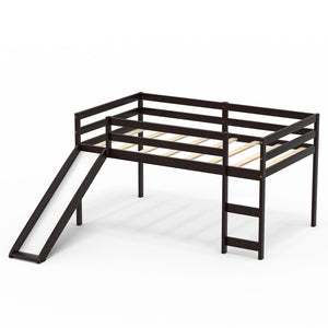 Twin Size Low Sturdy Loft Bed with Slide Wood -Dark Brown view 4