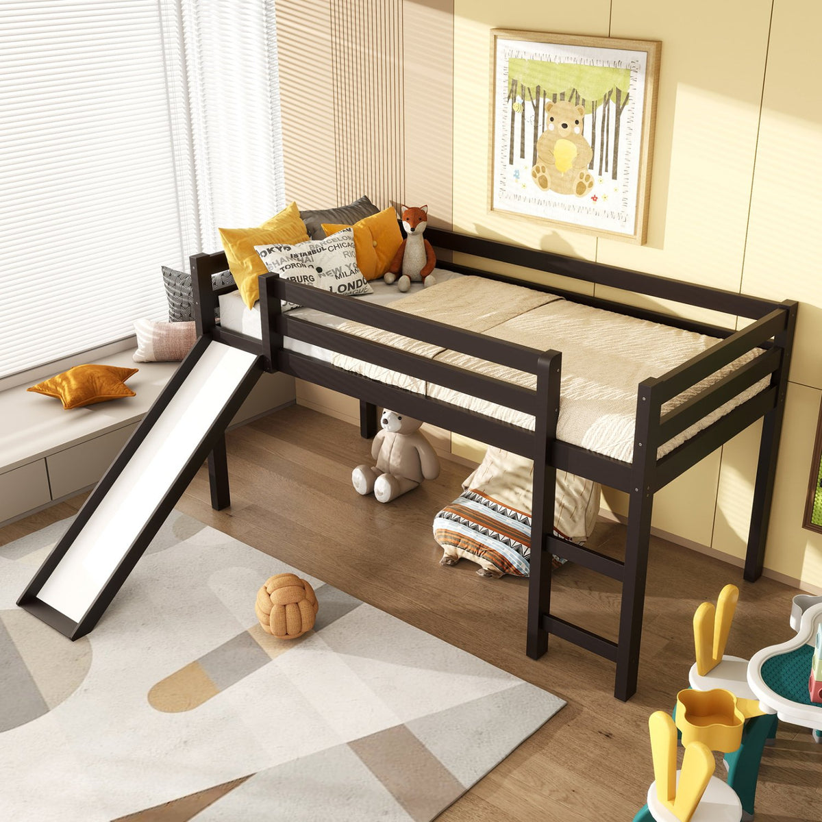 Twin Size Low Sturdy Loft Bed with Slide Wood -Dark Brown view 6