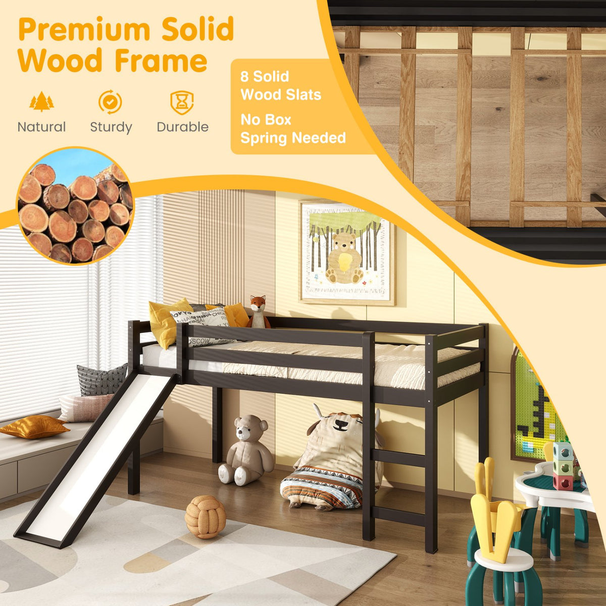 Twin Size Low Sturdy Loft Bed with Slide Wood -Dark Brown view 7