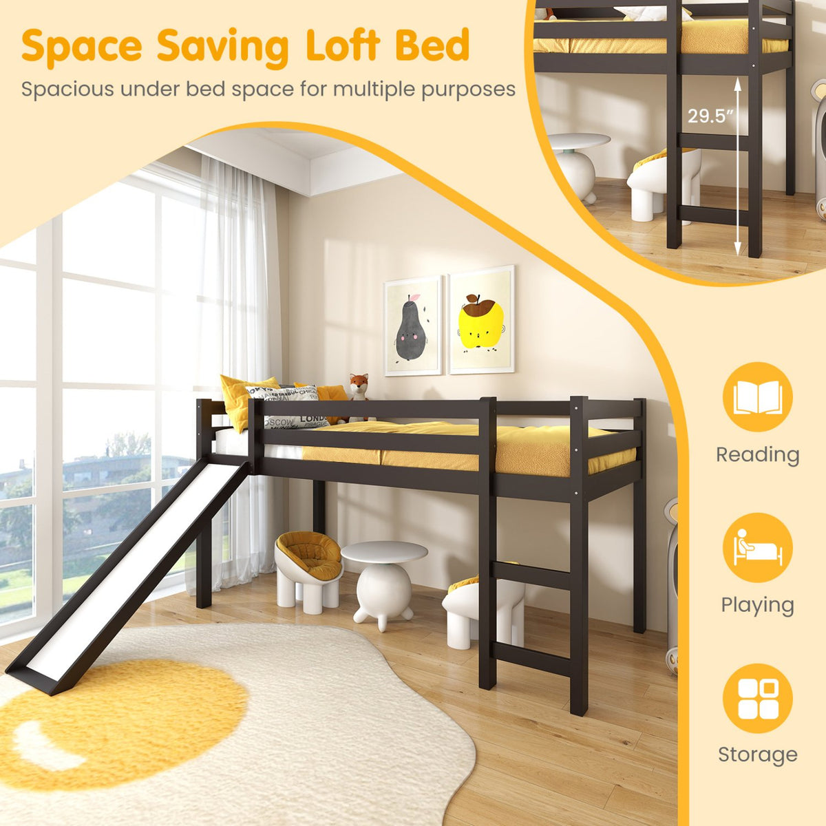 Twin Size Low Sturdy Loft Bed with Slide Wood -Dark Brown view 8