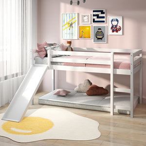 Twin Size Low Sturdy Loft Bed with Slide Wood-White view 2