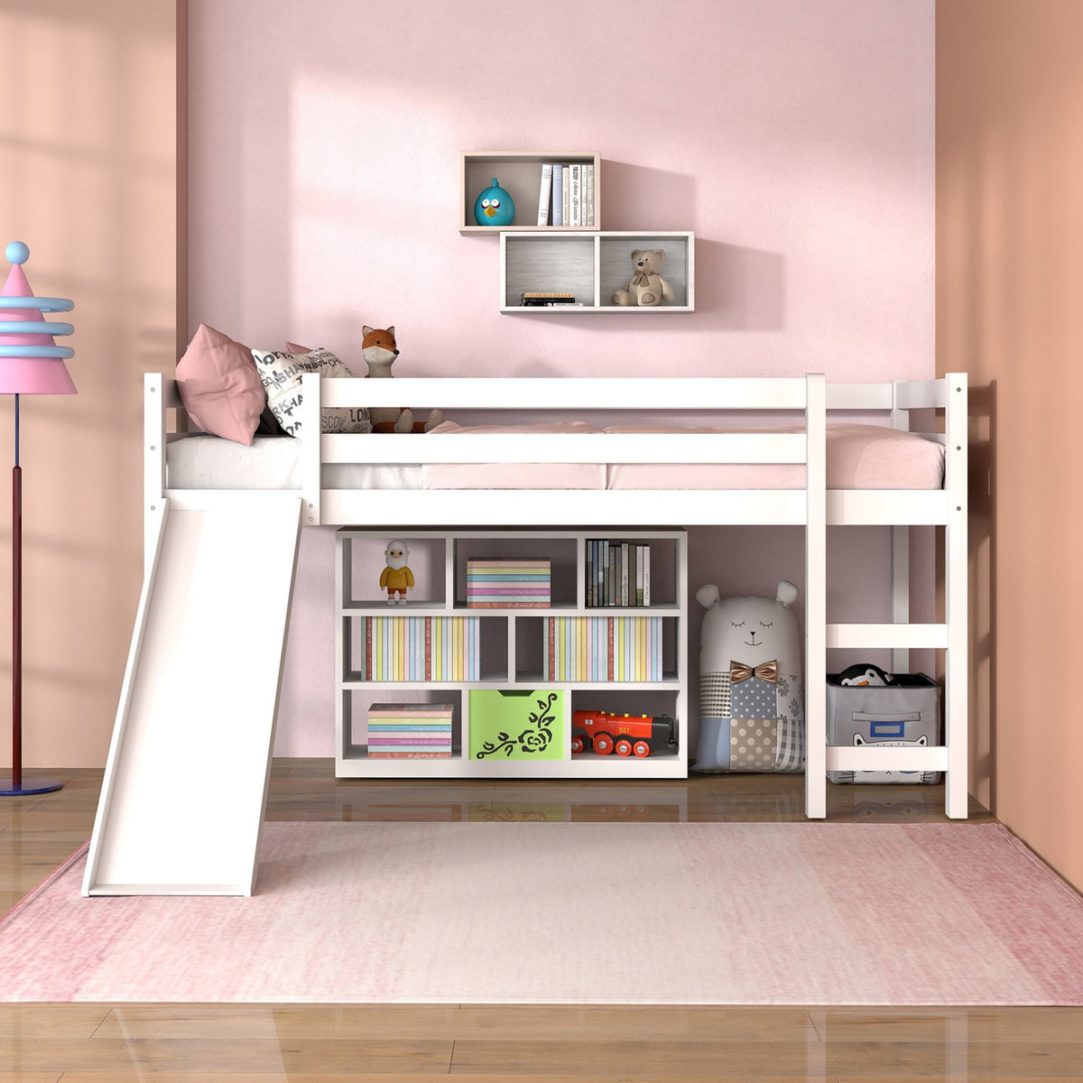 Twin Size Low Sturdy Loft Bed with Slide Wood-White view 3