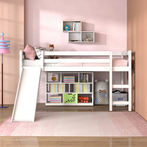 Twin Size Low Sturdy Loft Bed with Slide Wood-White view 3
