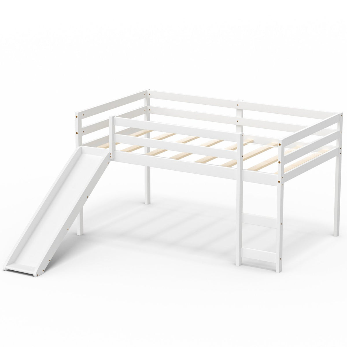 Twin Size Low Sturdy Loft Bed with Slide Wood-White view 4