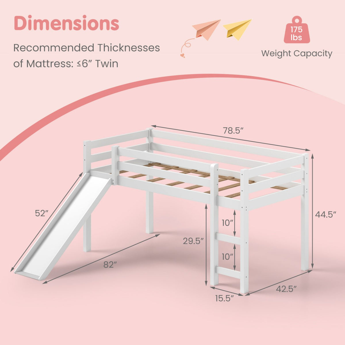 Twin Size Low Sturdy Loft Bed with Slide Wood-White view 5