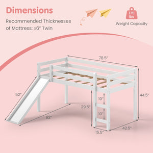 Twin Size Low Sturdy Loft Bed with Slide Wood-White view 5