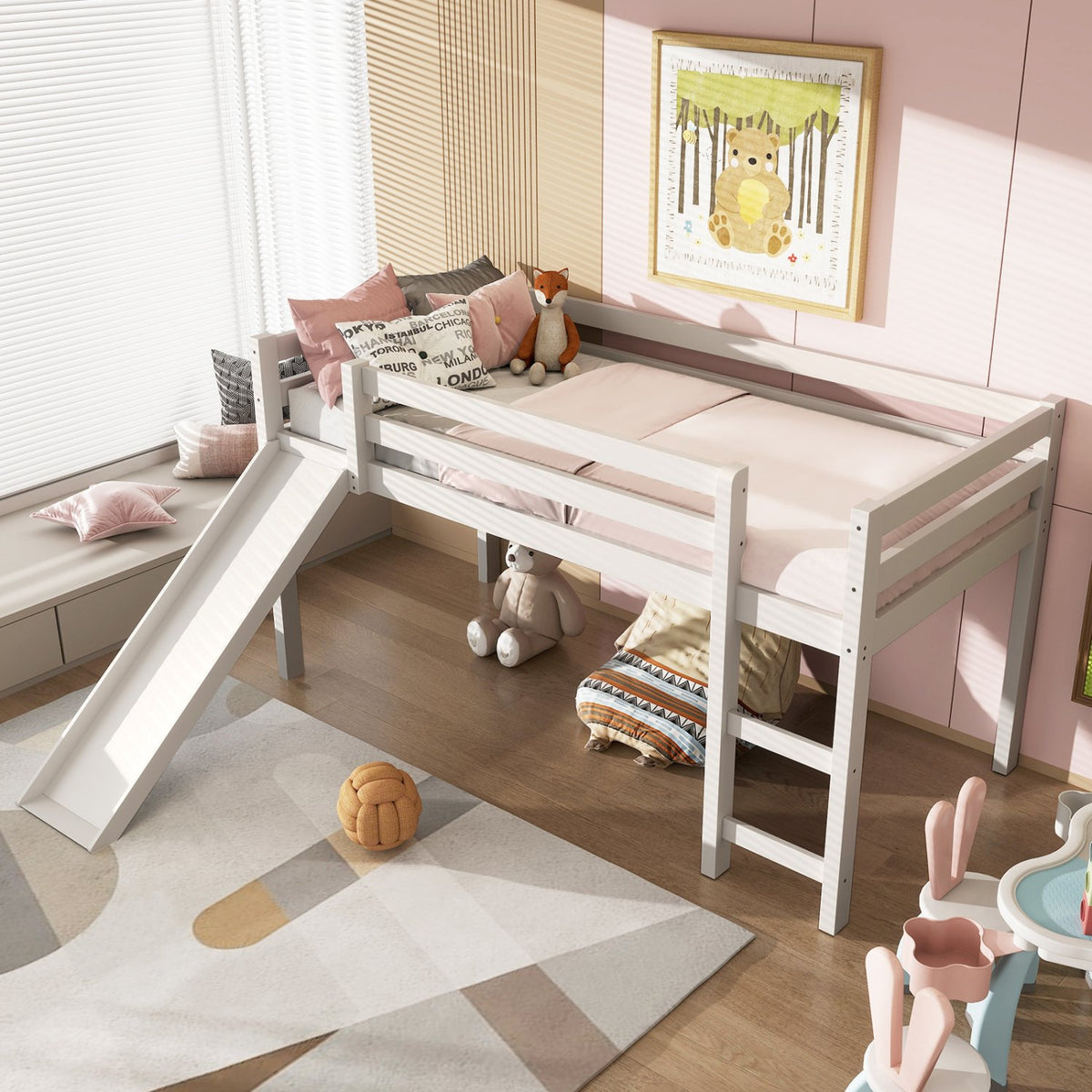 Twin Size Low Sturdy Loft Bed with Slide Wood-White view 6