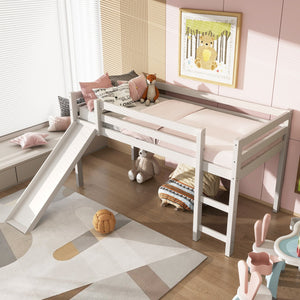 Twin Size Low Sturdy Loft Bed with Slide Wood-White view 6