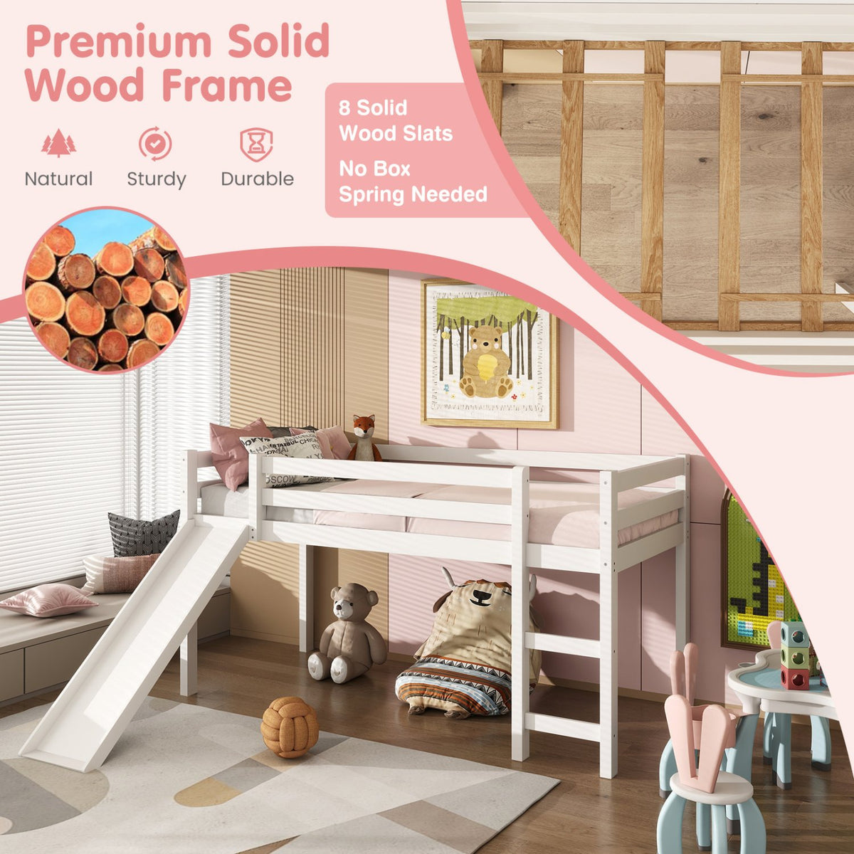 Twin Size Low Sturdy Loft Bed with Slide Wood-White view 7