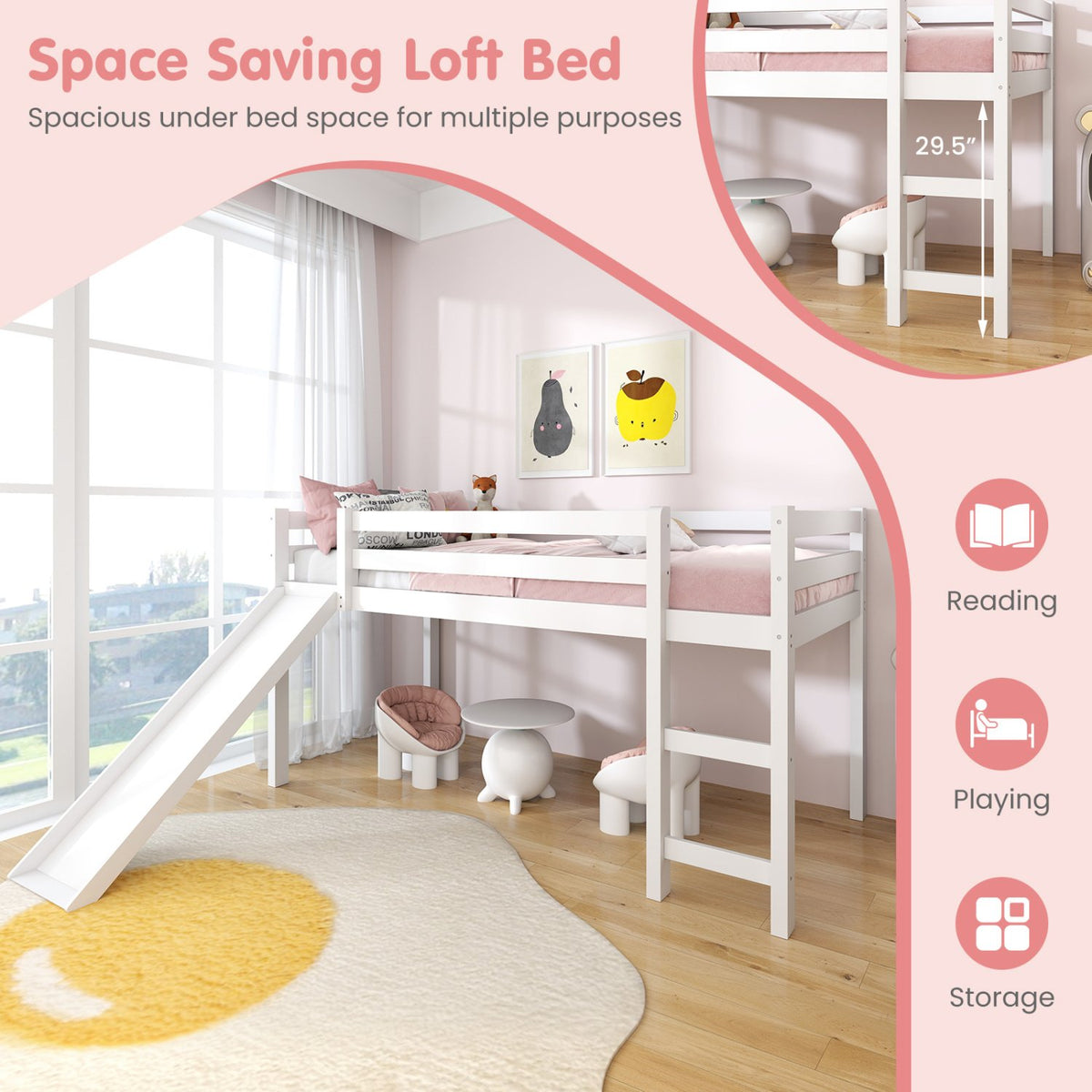 Twin Size Low Sturdy Loft Bed with Slide Wood-White view 8