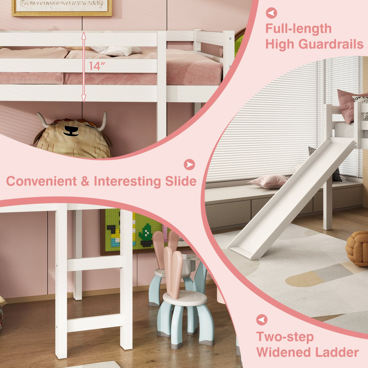 Twin Size Low Sturdy Loft Bed with Slide Wood-White view 9