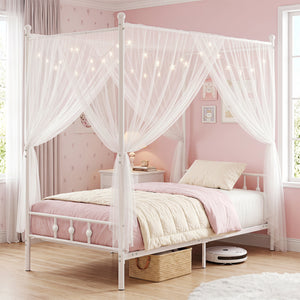 Twin Size Metal Canopy Bed Frame with Headboard and Footboard-White view 2