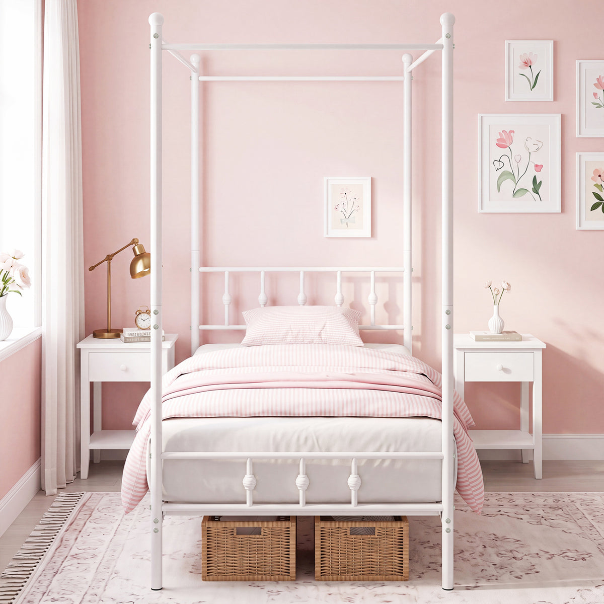 Twin Size Metal Canopy Bed Frame with Headboard and Footboard-White view 3
