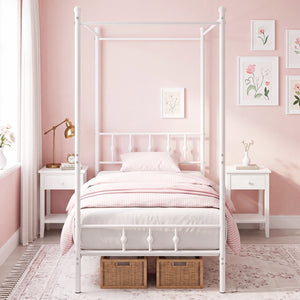 Twin Size Metal Canopy Bed Frame with Headboard and Footboard-White view 3