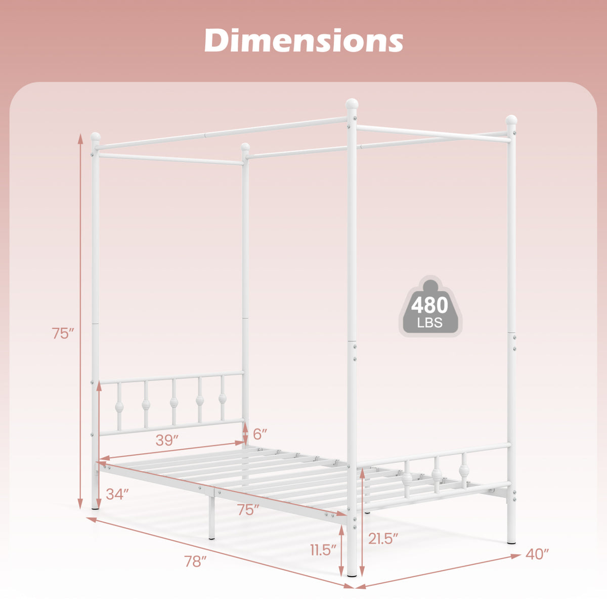 Twin Size Metal Canopy Bed Frame with Headboard and Footboard-White view 5