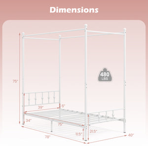 Twin Size Metal Canopy Bed Frame with Headboard and Footboard-White view 5