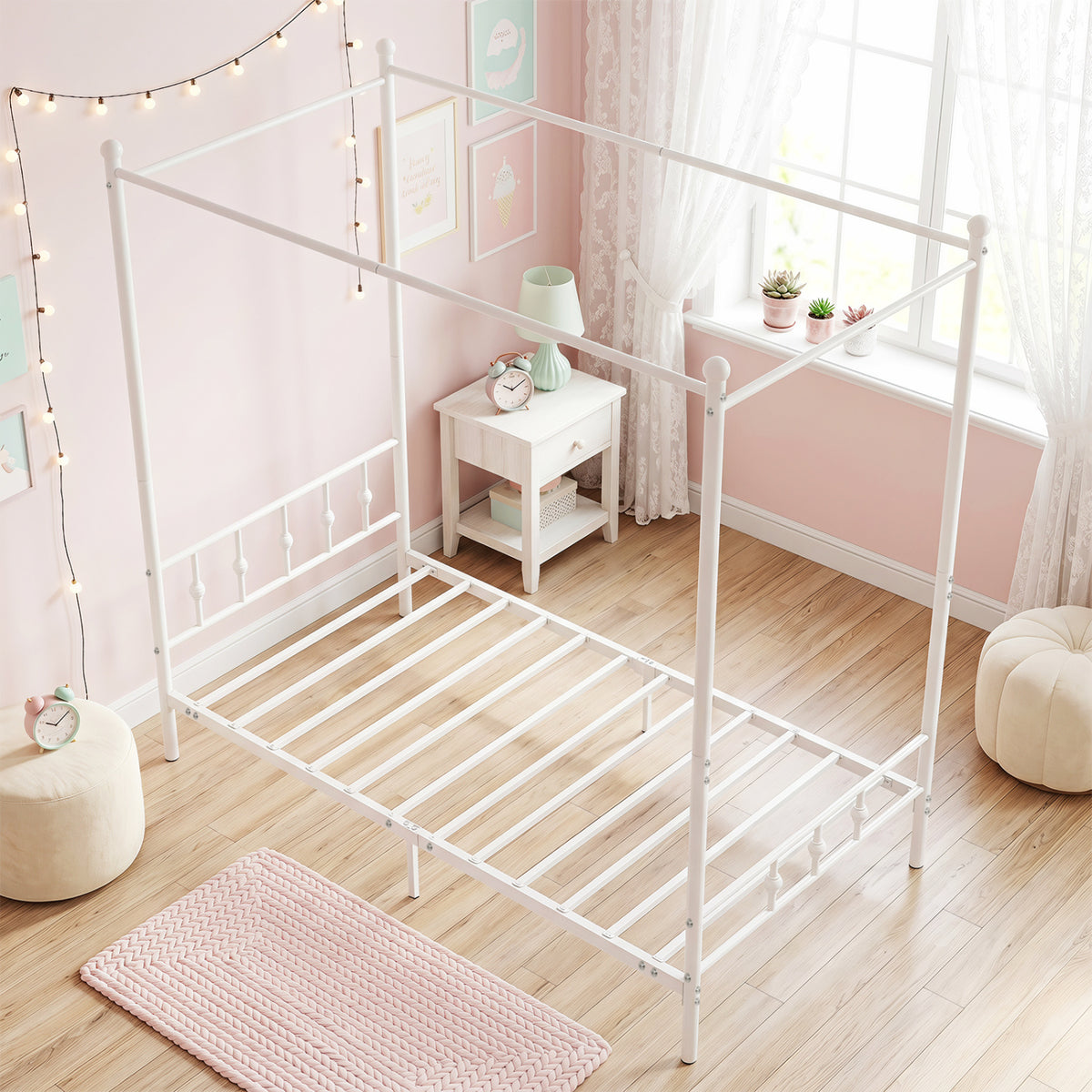 Twin Size Metal Canopy Bed Frame with Headboard and Footboard-White view 6