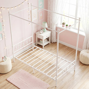 Twin Size Metal Canopy Bed Frame with Headboard and Footboard-White view 6