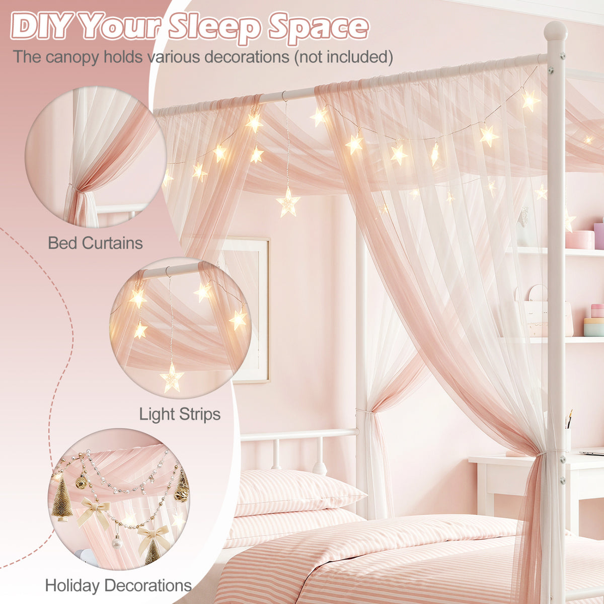 Twin Size Metal Canopy Bed Frame with Headboard and Footboard-White view 7